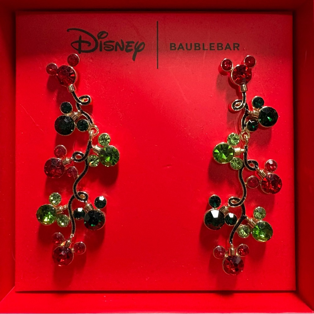 Disney X BaubleBar Mickey Earrings Red Green Crystal Christmas Cluster Holiday